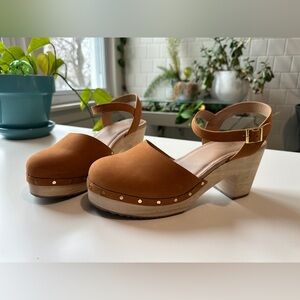 Loft Modern Clogs Brown Leather Wooden Swedish Slingback Shoes Sz 11M 3.5” Heel